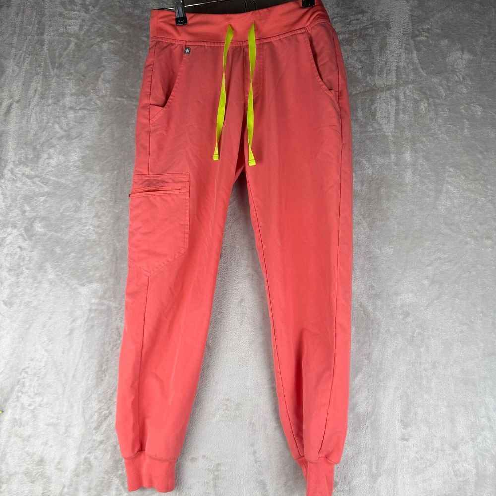 FIGS Zamora Jogger‎ Scrub Pants Womens Coral Pink Neon Yellow Drawstring XS